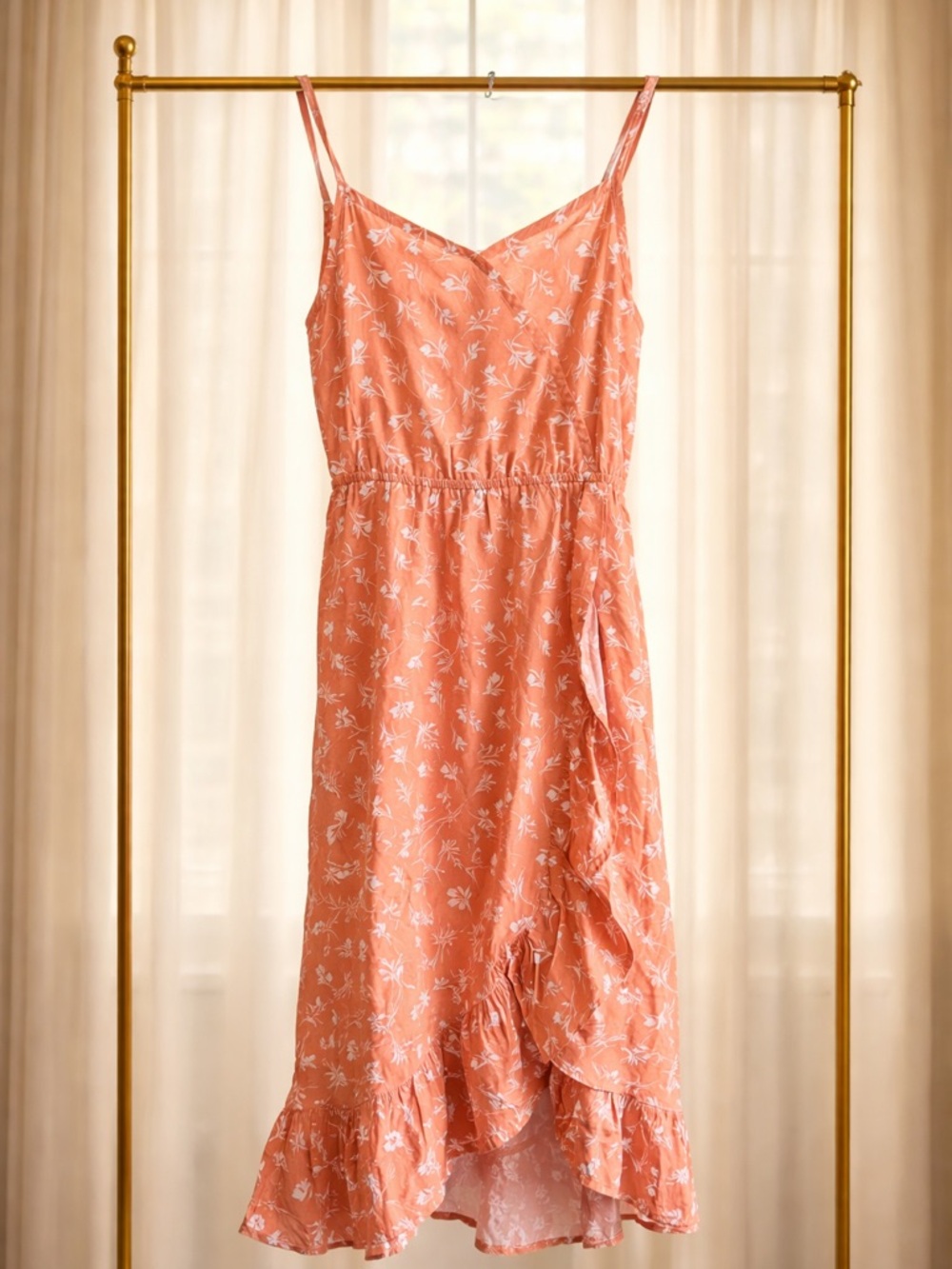 Women's Coral Floral Midi Dress with Ruffle Hem